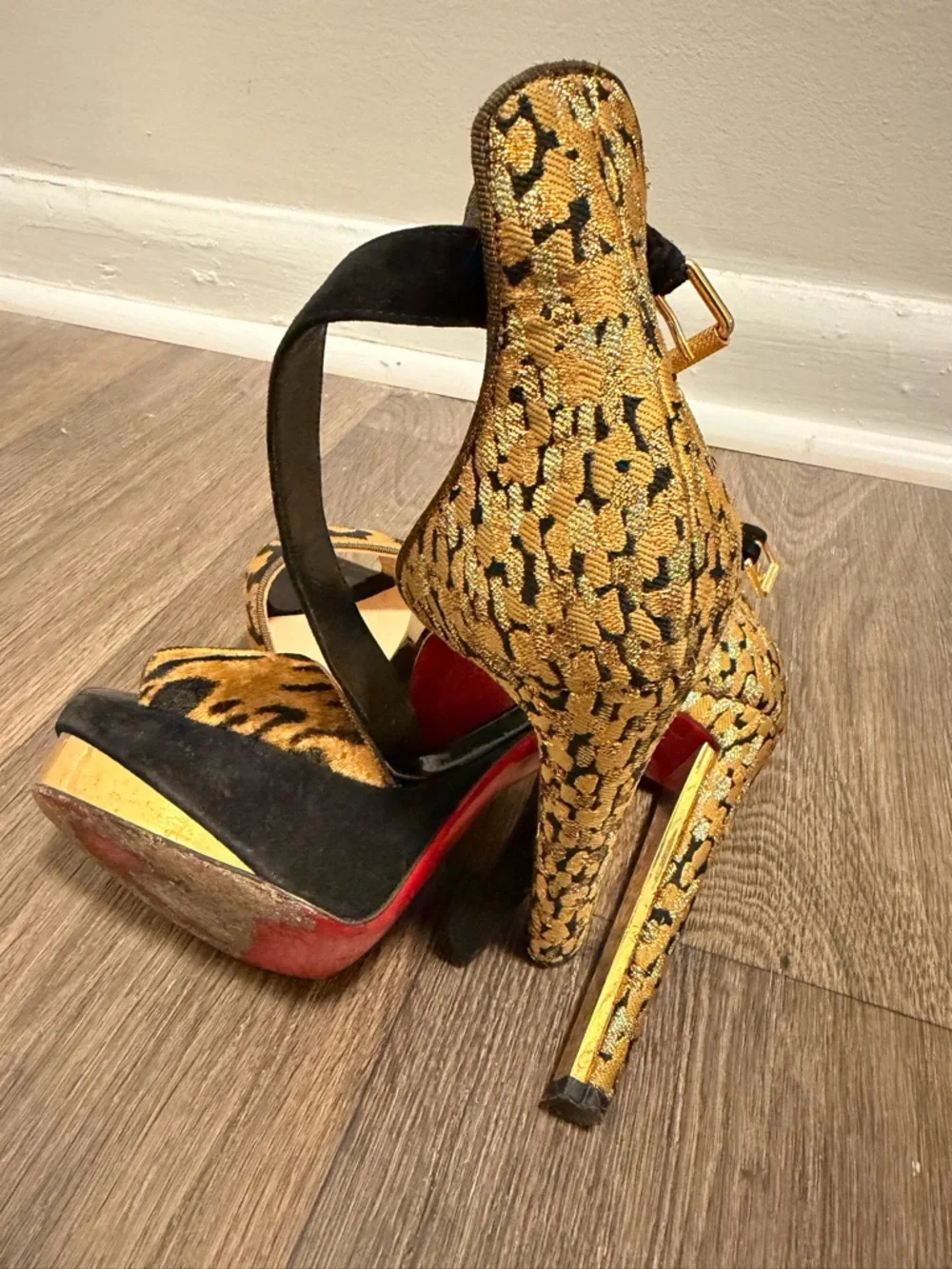 Christian Louboutin Gold and Black Leopard-Print High Heels - Picture 5 of 9